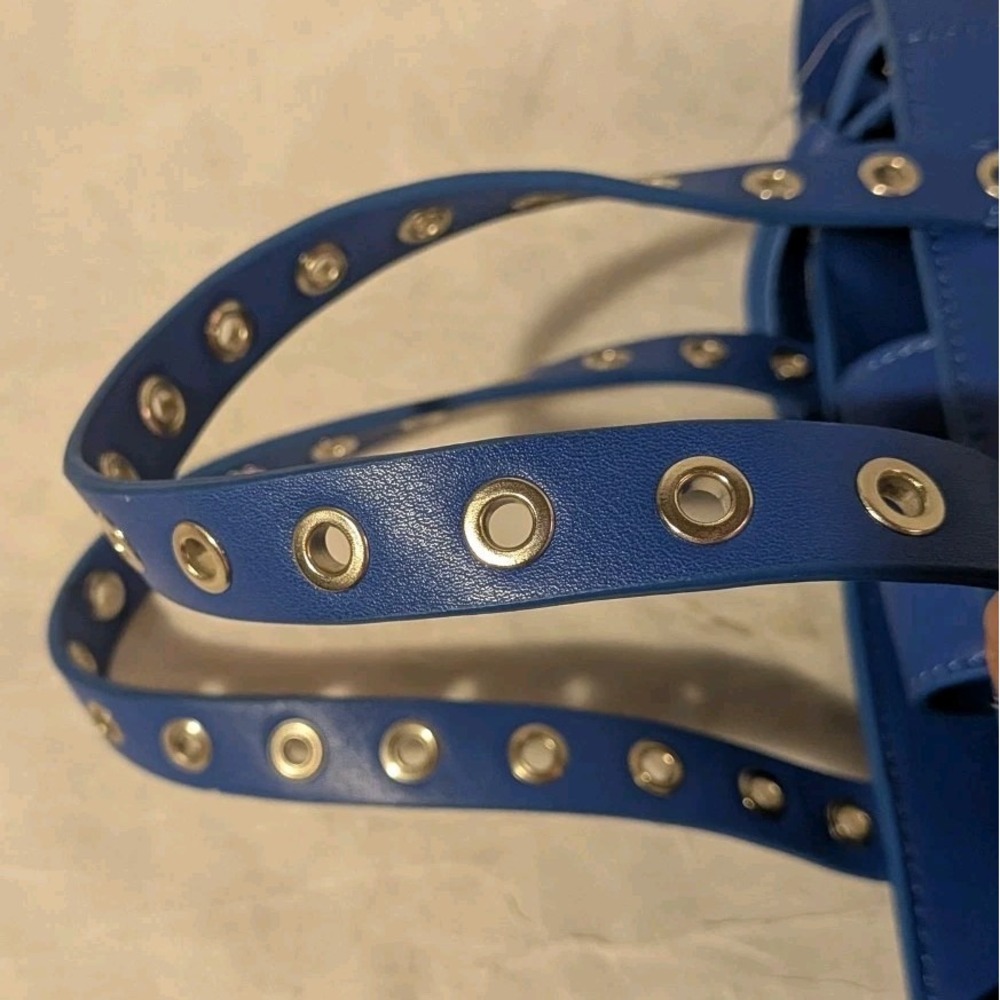 French Connection Purse Blue Faux Leather Bag Tote Grommets Double Handle - Picture 7 of 16